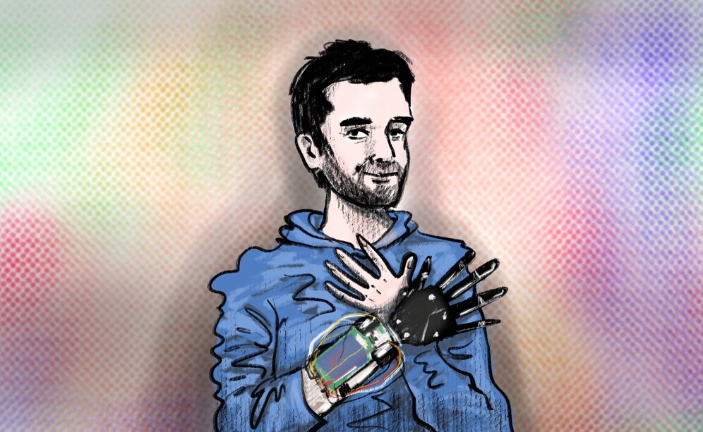 Nicolas Huchet bionic hand; Illustration by Arina Ionova.